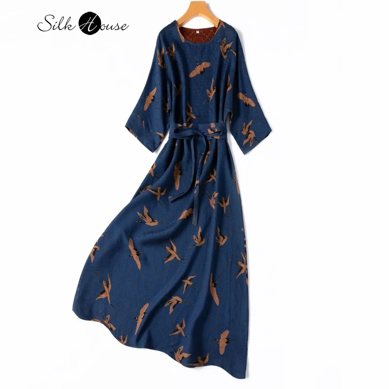 Extended Treasure 100% Natural Mulberry Silk Fragrant Cloud Yarn Chinese Style Seven Quarter Sleeve Women's Fashionable Dress