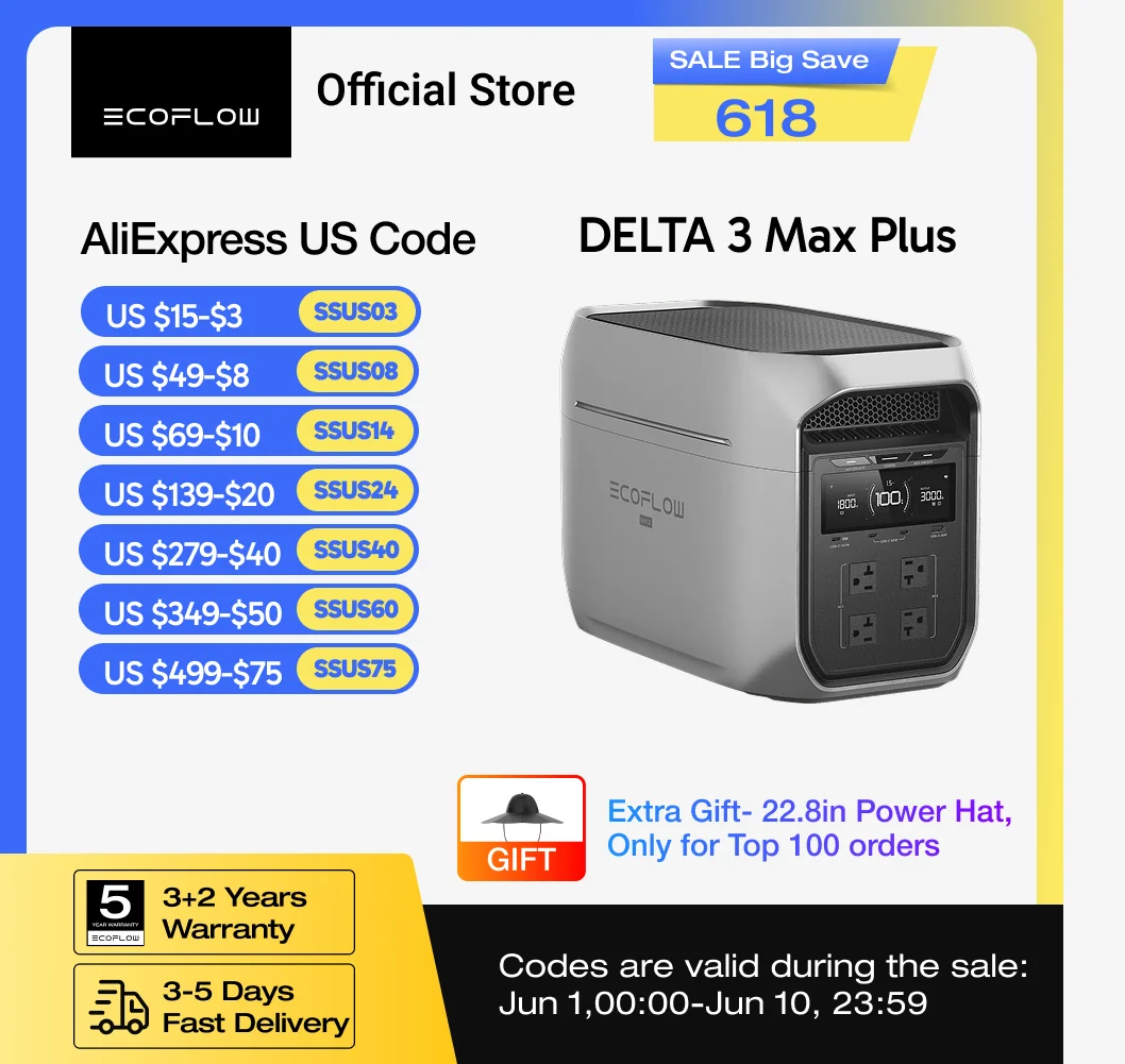 

ECOFLOW Portable Power Station DELTA 3 MAX Plus with 22.8" Power Hat, 3000W Max Output, Fast 0–80% Recharge in 64mins, Reliable