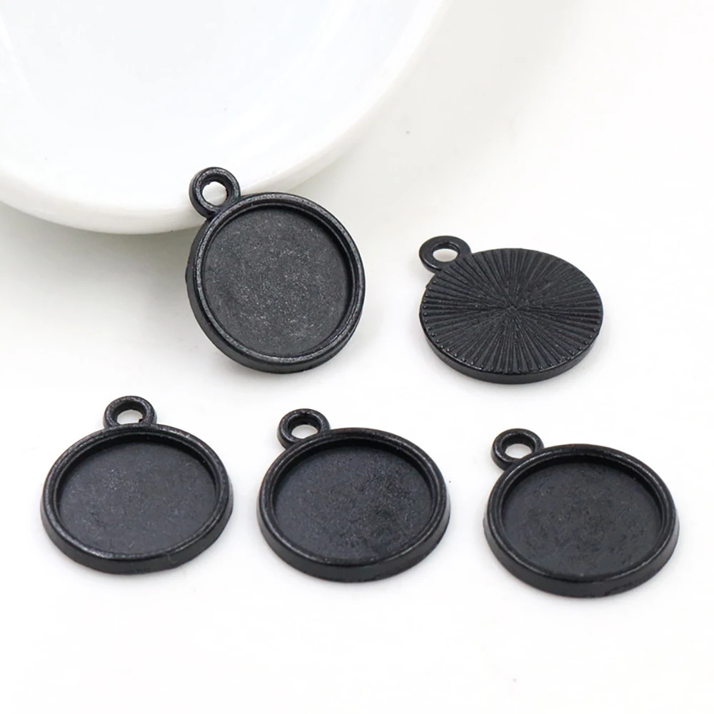 20pcs 12mm Inner Size Black Simple Style Cabochon Base Cameo Setting Charms Pendant (A2-25)