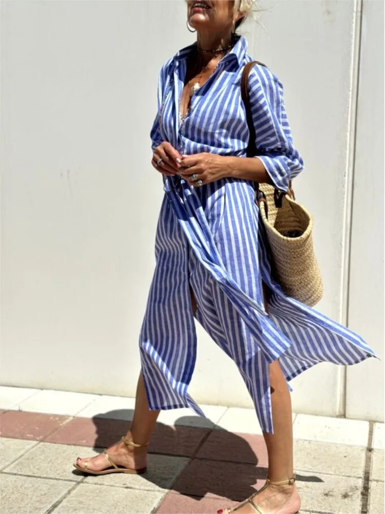 

Women Fashion Lapel Side Split Shirts Dresses New Spring Casual Half Sleeve Long Dress Elegant Button Striped Print Party Dress
