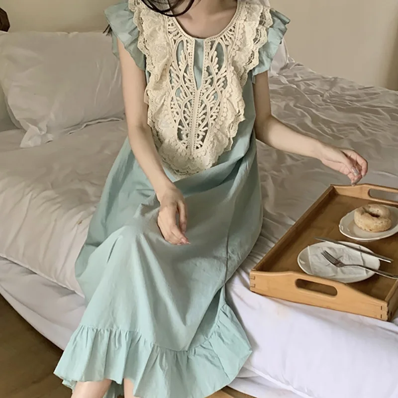 Korean Japan Cotton Sleepwear for Women Sweet Lace Ladies Ruffle Edge Flying Sleeves Home Clothes Pajamas Long Skirts