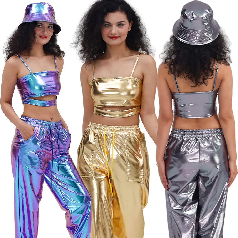 Женский укороченный топ с эффектом металлик, блестящий топ на бретелях в стиле хип-хоп, костюм для уличных танцев, сценический костюм, черлидинг, на тонких бретельках