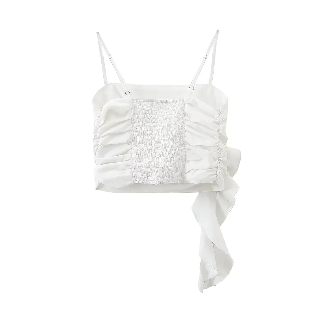 TRAF Flower Crop Tops Woman Ruched Off Shoulder Tank Top Women Summer Backless Sexy Tops Streetwear Corset Y2K Camisole Top
