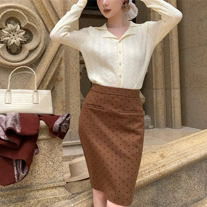 

7862, весенний однотонный костюм из смеси шерсти в гонконгском стиле, воротник, вязаный свитер на пуговицах, внутренний топ для женщин