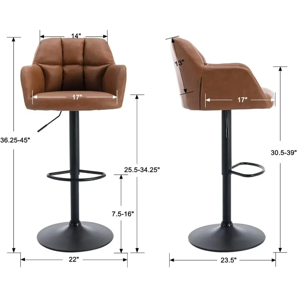 Modern Swivel Bar Stools Set, couro Counter Altura Barstool, ajustável Bar Stool, costas e braços cadeiras, base de metal, conjunto de 2