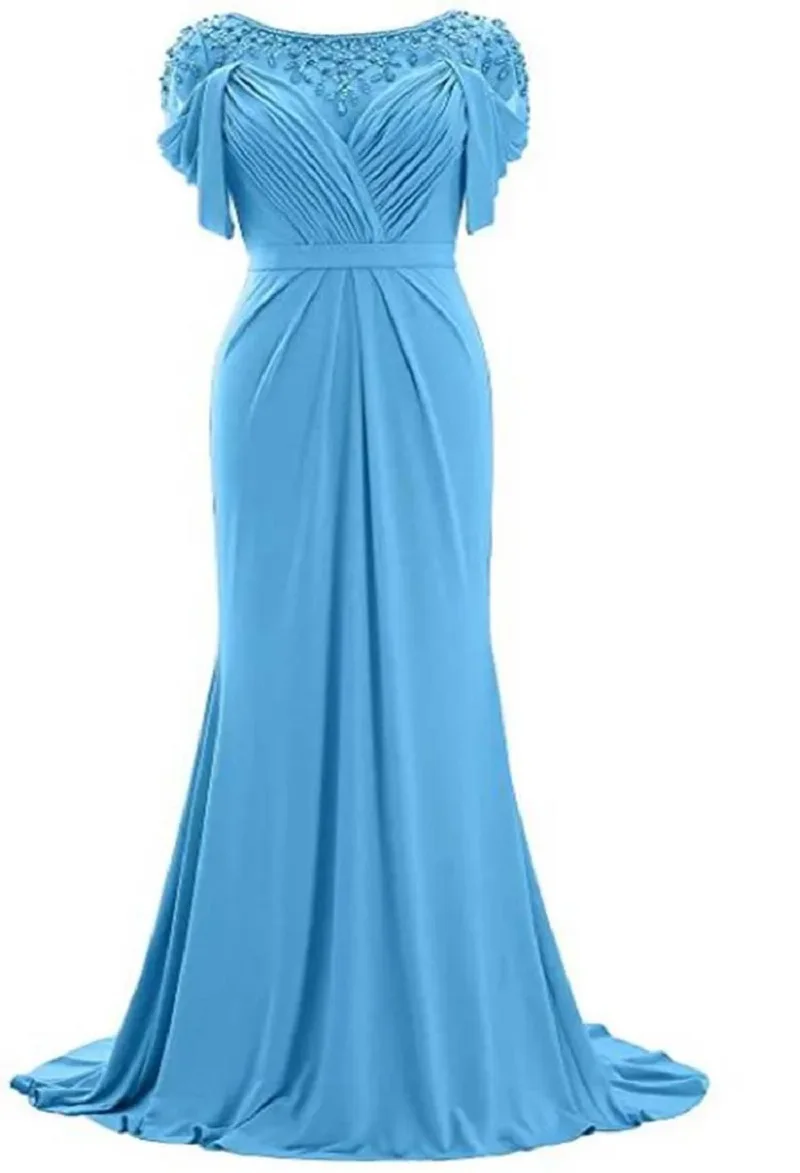 YNQNFS floor length round neck wine red bride mother dress beaded short sleeve knitted formal evening dress wedding guest dress