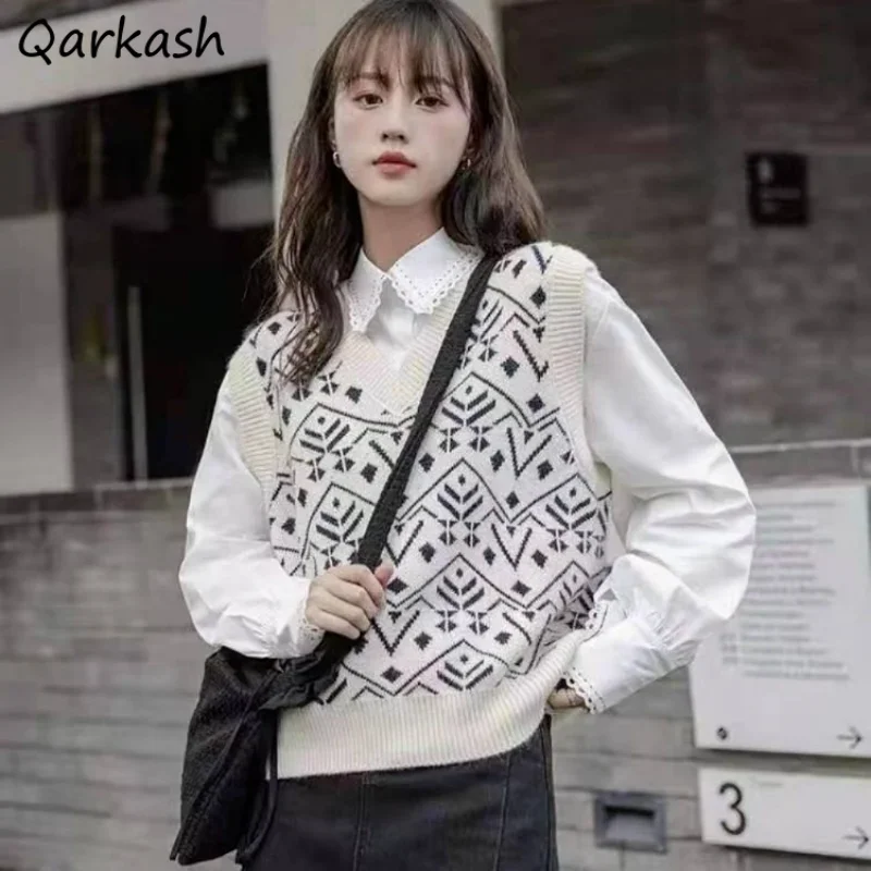 

Sweater Vest for Women Geometric V-neck Students Korean Preppy Style Fashion Spring All-match Casual Daily Basic Жилетка Женская