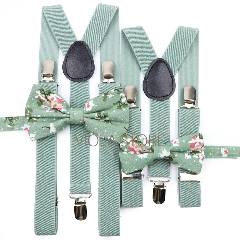 Masculino crianças sage verde gengibre roxo elástico suspender floral algodão bowtie conjunto festa de casamento feminino diário borboleta cinta