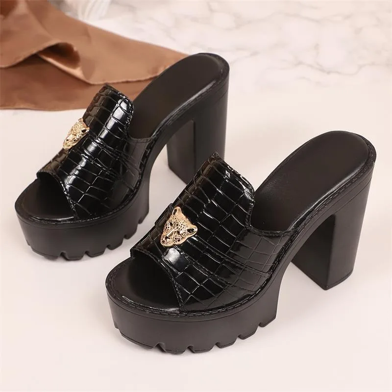 

European American Style Women's Slippers Classic Black Thick Bottom High-heeled Cool Slippers Summer Open-toe Platform Sandalias