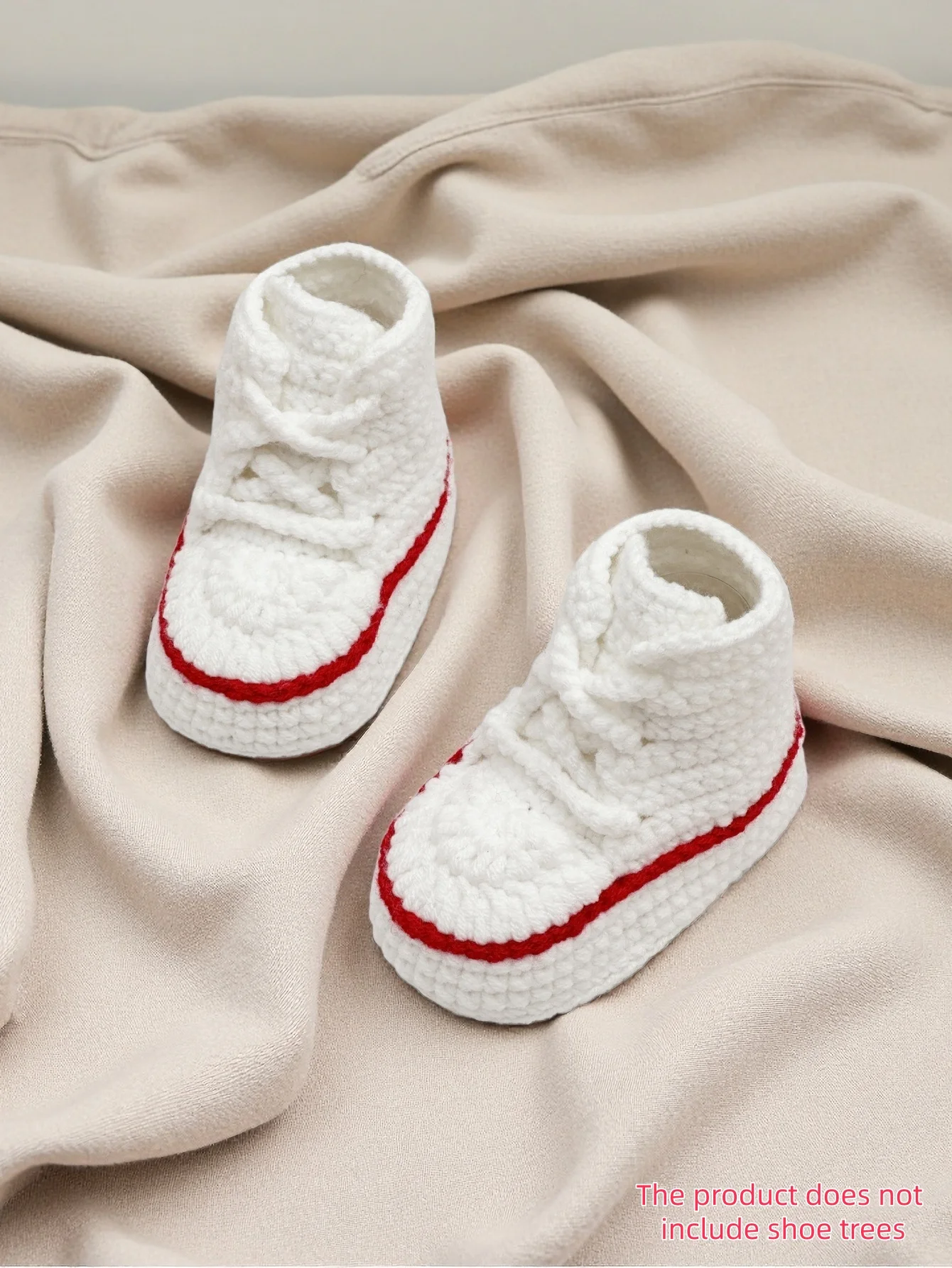 

1 Pair Handmade Crochet Baby Sneaker Booties, White with Red Trim, High Top Style