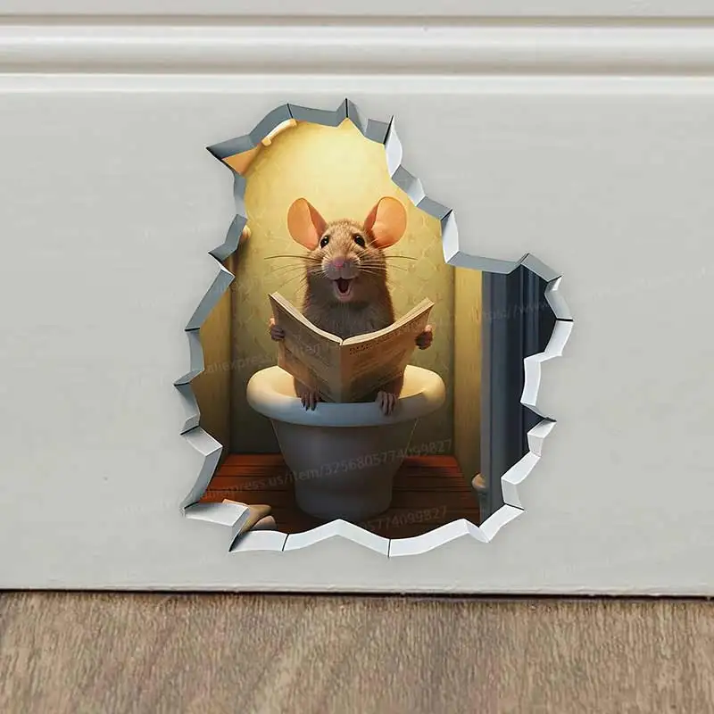 Mouse Reading a Newspaper on Toilet, Wall Sticker Bathroom Toilet Decor Living Room Cabinet Refrigerator Home Decoration M1331