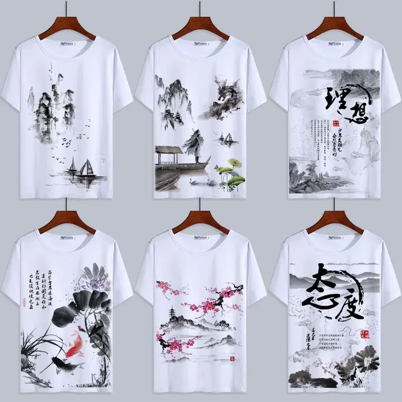 Camiseta de manga corta con estampado 3D de paisaje para hombre, camiseta de estilo chino, pintura de lavado de tinta Harajuku, camisetas de verano con dragón nacional para mujer