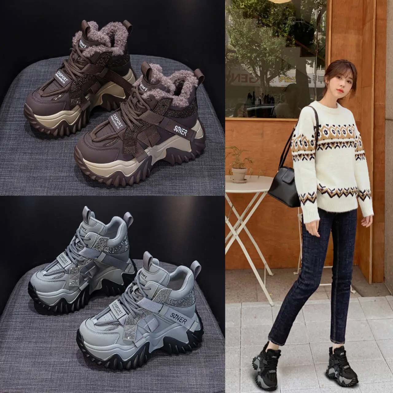 

Женские зимние утепленные кроссовки на толстой подошве с флисовой подкладкой, универсальные повседневные высокие кеды на платформе, увеличивающие рост, маленькие размеры