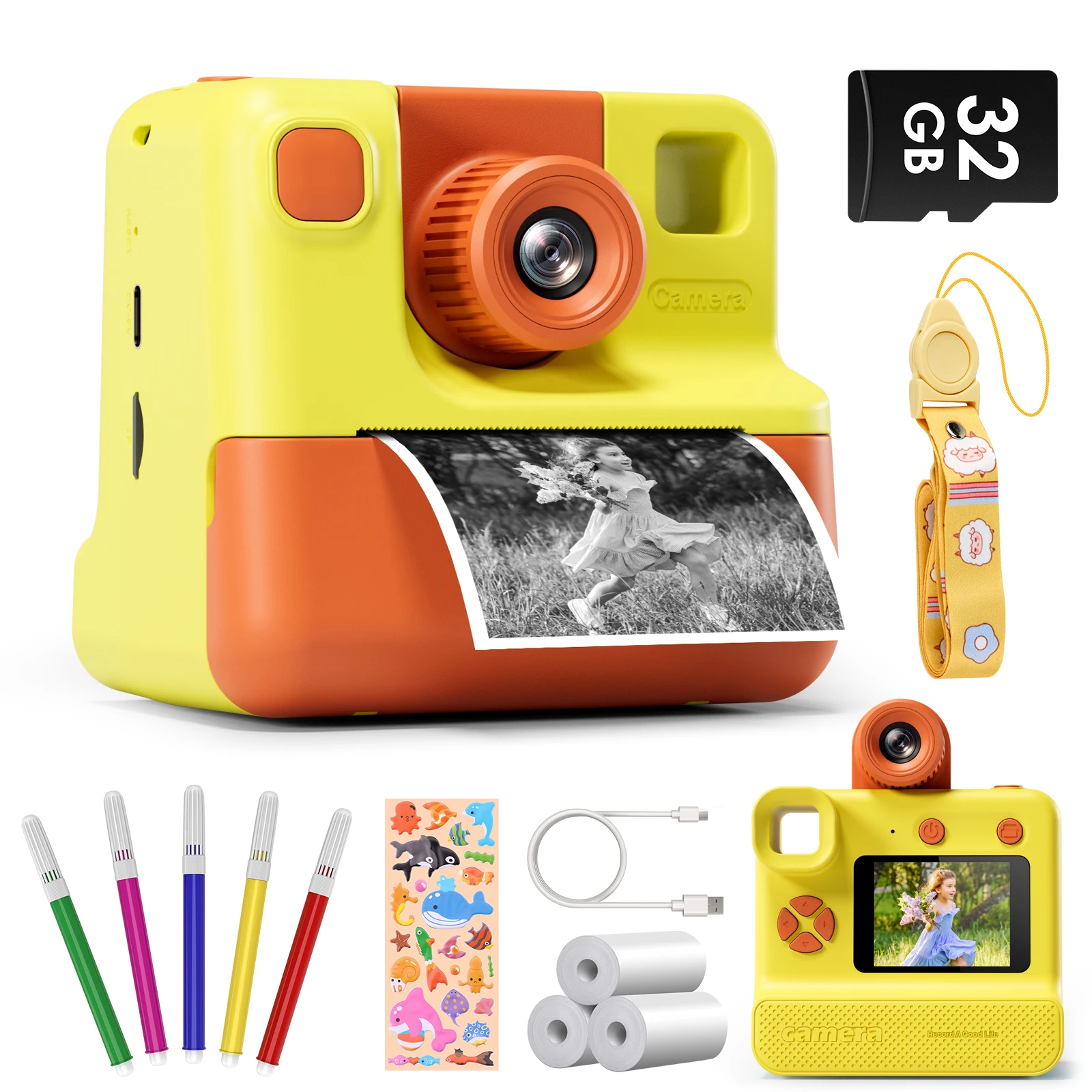 Gofunly Kinderkamera, Sofortbildkamera mit 3 Rollen Druckpapier und 32 GB Karte, 1080P digitale Kinderkamera für 3–12 Jahre