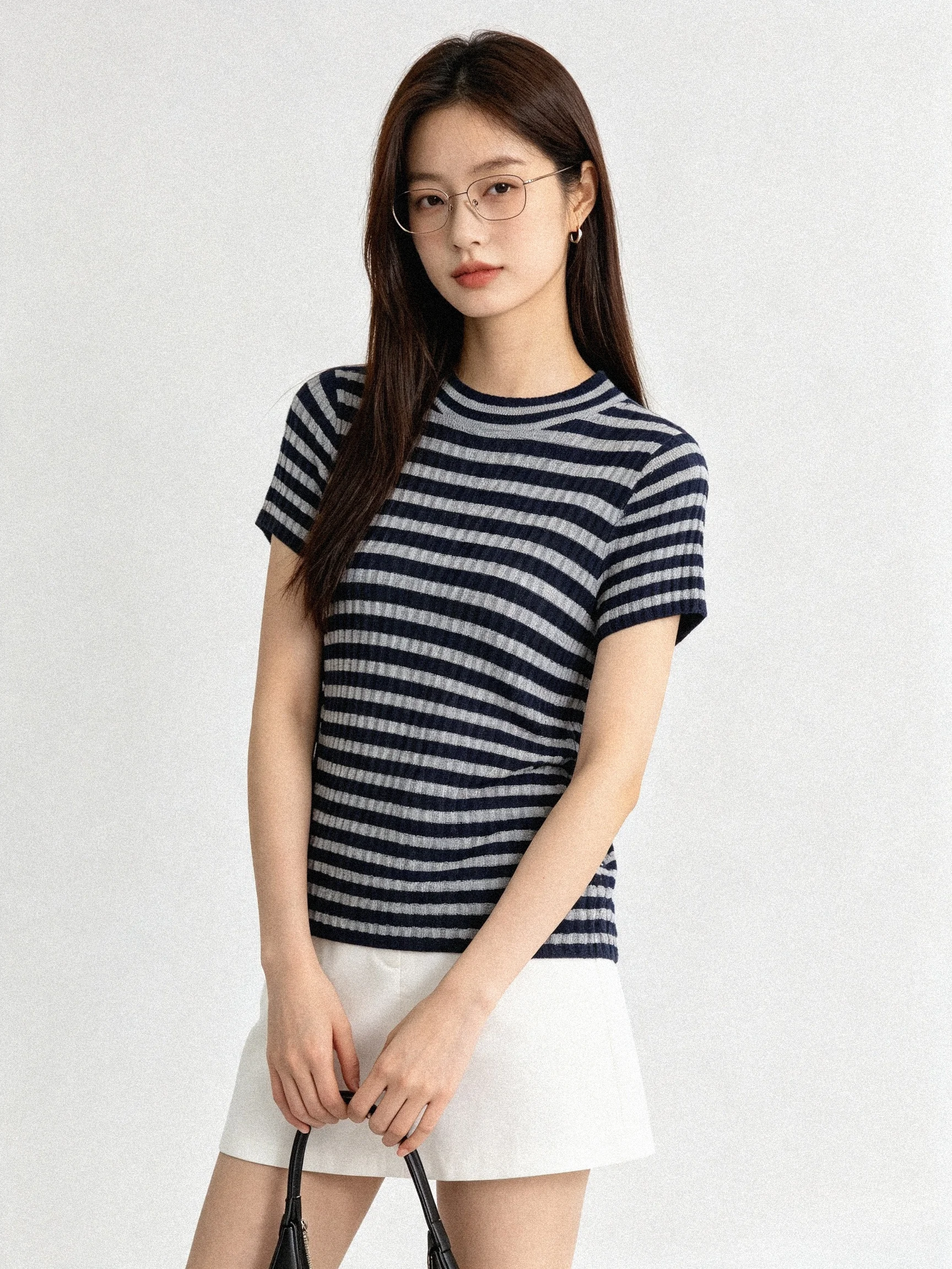 Korean Style Striped round Neck Knitted Slim Fit Short Sleeve T-Shirt Women's New Style 2026 Autumn Casual Top Daily Wear
