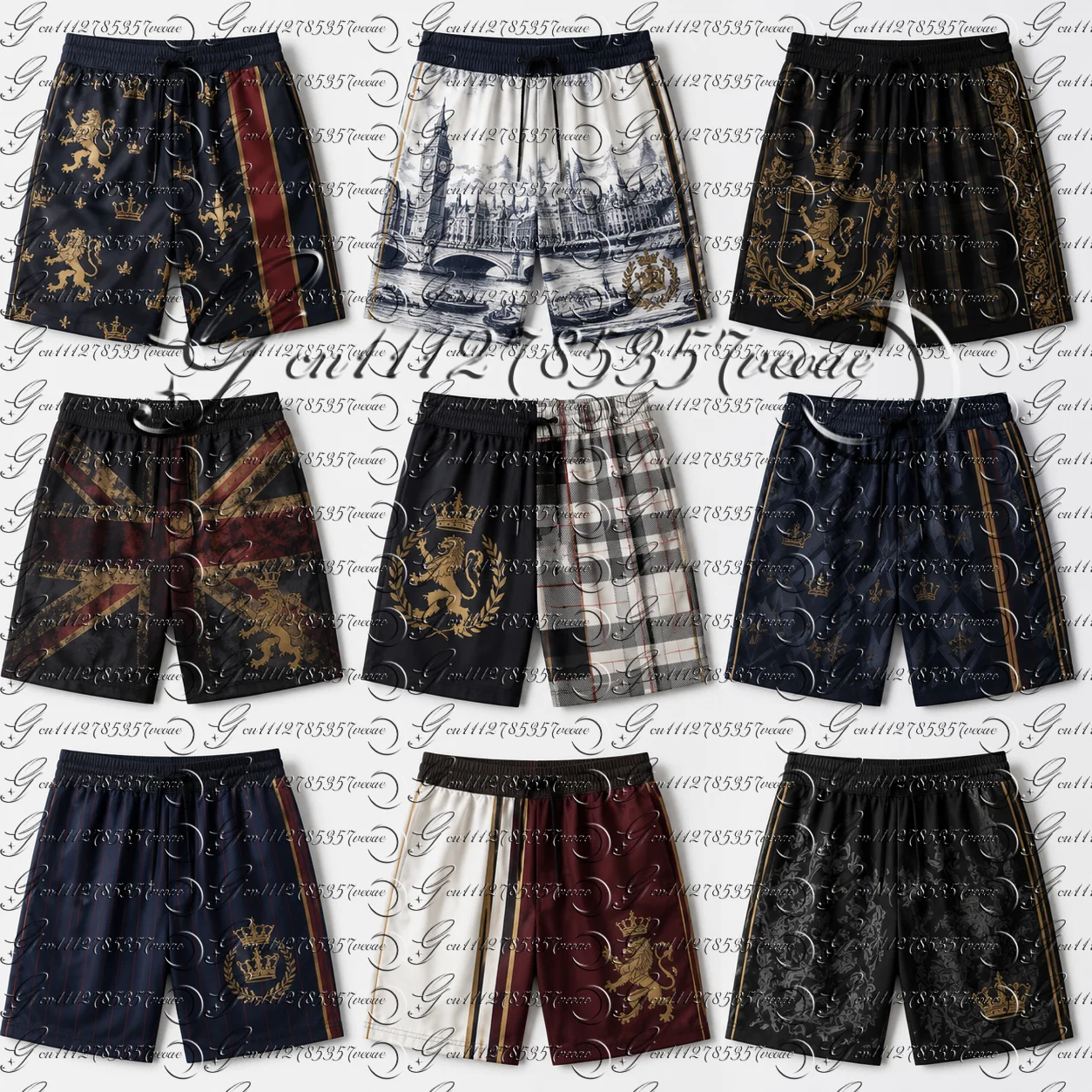 Vintage Royal Lion Crown Print Men Shorts Black Gold Side Stripe Elastic Drawstring Casual Sport Short Pants FamilyMatching