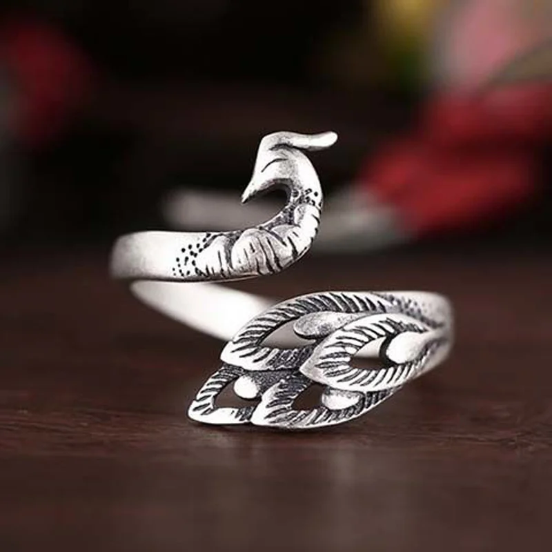 Fashion Lady Peacock Ring Adjustable Retro Carving Animal Pattern Ring 925 Silver Female Ethnic Finger Accessories