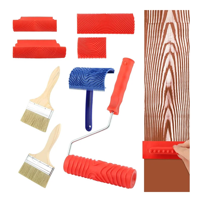 8 Pieces Wood Paint Tool Set, Texture Roller, Graining Rocker, Paint Brushes For Wall, Floor, DIY Room Decoration-A78G