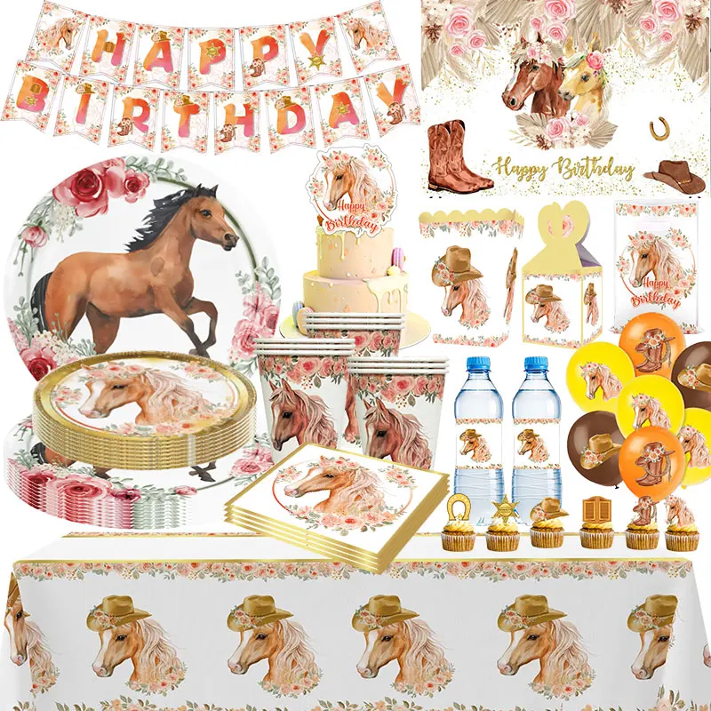 Décoration de fête d'anniversaire sur le thème du cheval, vaisselle, gobelets, assiettes, serviettes, ballons, bannière, toile de fond, sac cadeau, décoration de gâteau, fournitures de fête