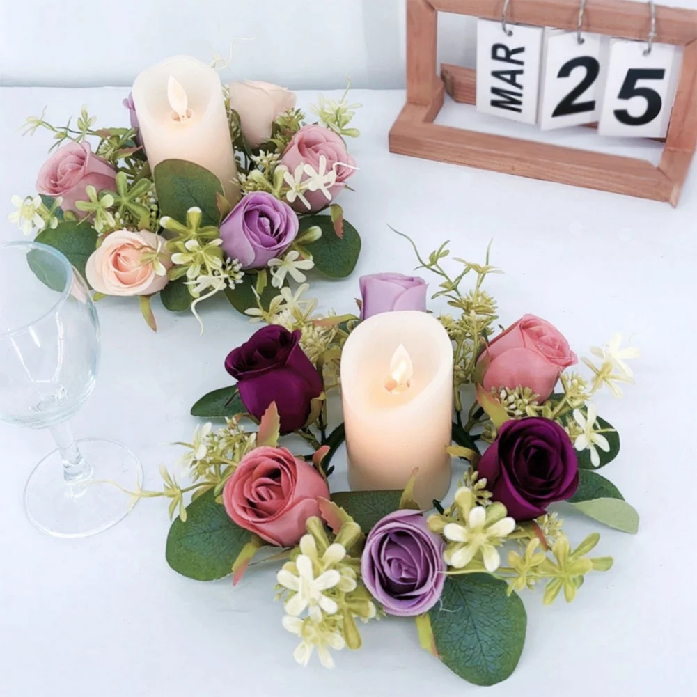 Candle Holder Rings Candlestick Artificial Rose Wreath Christmas Decoration  Garland Candle Holder for Wedding Table Decoration