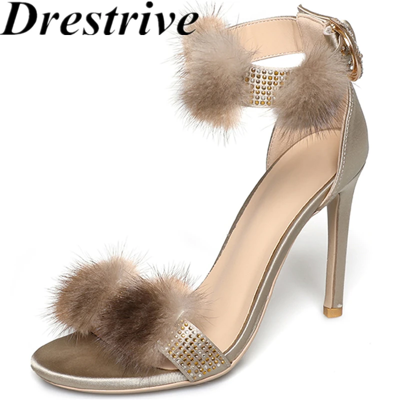 

Drestrive 2026 Fashion Women's Sandals Round Toe Faux Fur Thin High Heels Buckle Handmade Summer Shoes Party Pu Leather