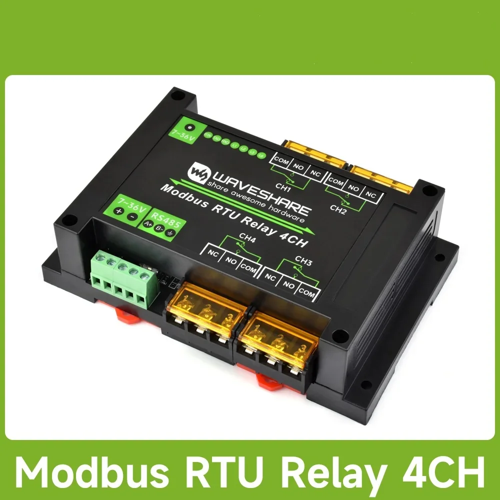 Waveshare Industrial Modbus RTU 4-ch Relay Module with RS485 Interface, 30A High Current, Onboard LED Indicators