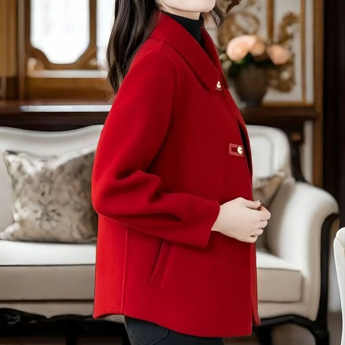 

Новая двусторонняя шерстяная куртка 2025 года для женщин, модная, больших размеров, зимняя, приталенная, повседневная, с высокой талией, для полных женщин