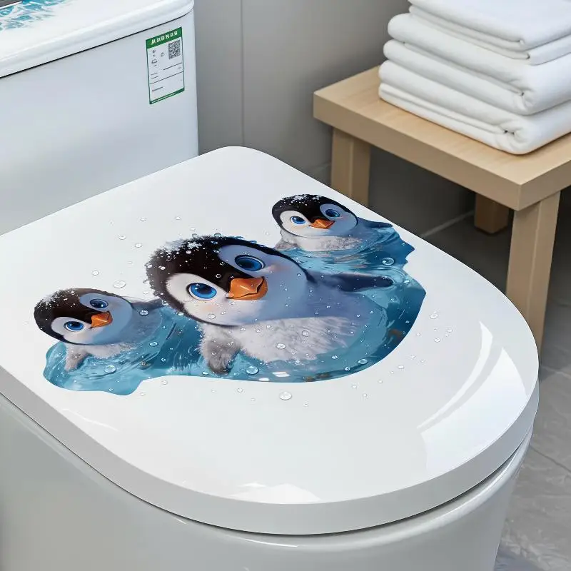 Cute Penguin Toilet Sticker Waterproof Non-Toxic Self-Adhesive Removable Decal for Kids Bathroom Home Decor