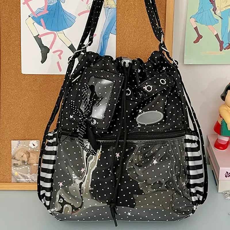 Harajuku Ita Bag,Polka Dot Drawstring Backpack,DIY Transparent Layer Shoulder Tote,Cute Anime Crossbody Purse for Daily Commute view 2