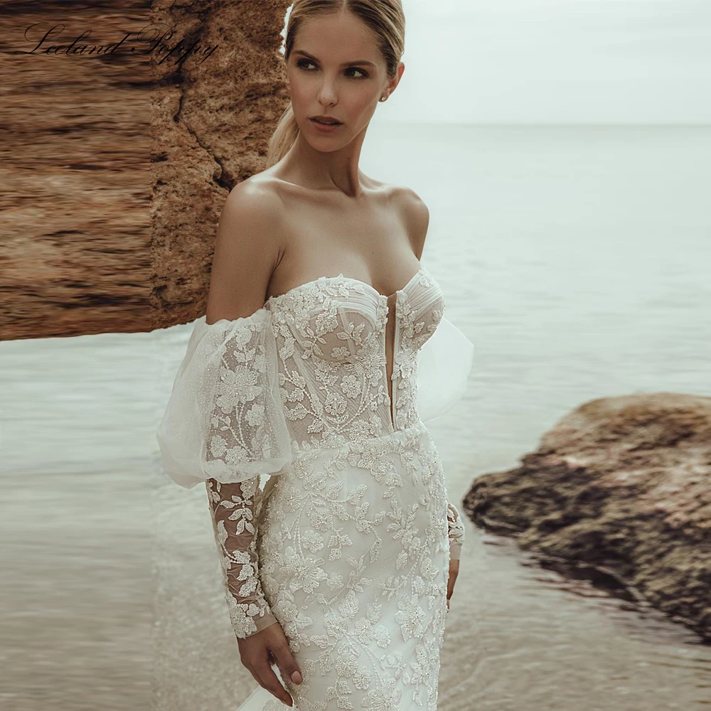 Lceland Poppy Customized Lace Mermaid Wedding Dresses Full Sleeves Beaded Bridal Gowns with Chapel Train
