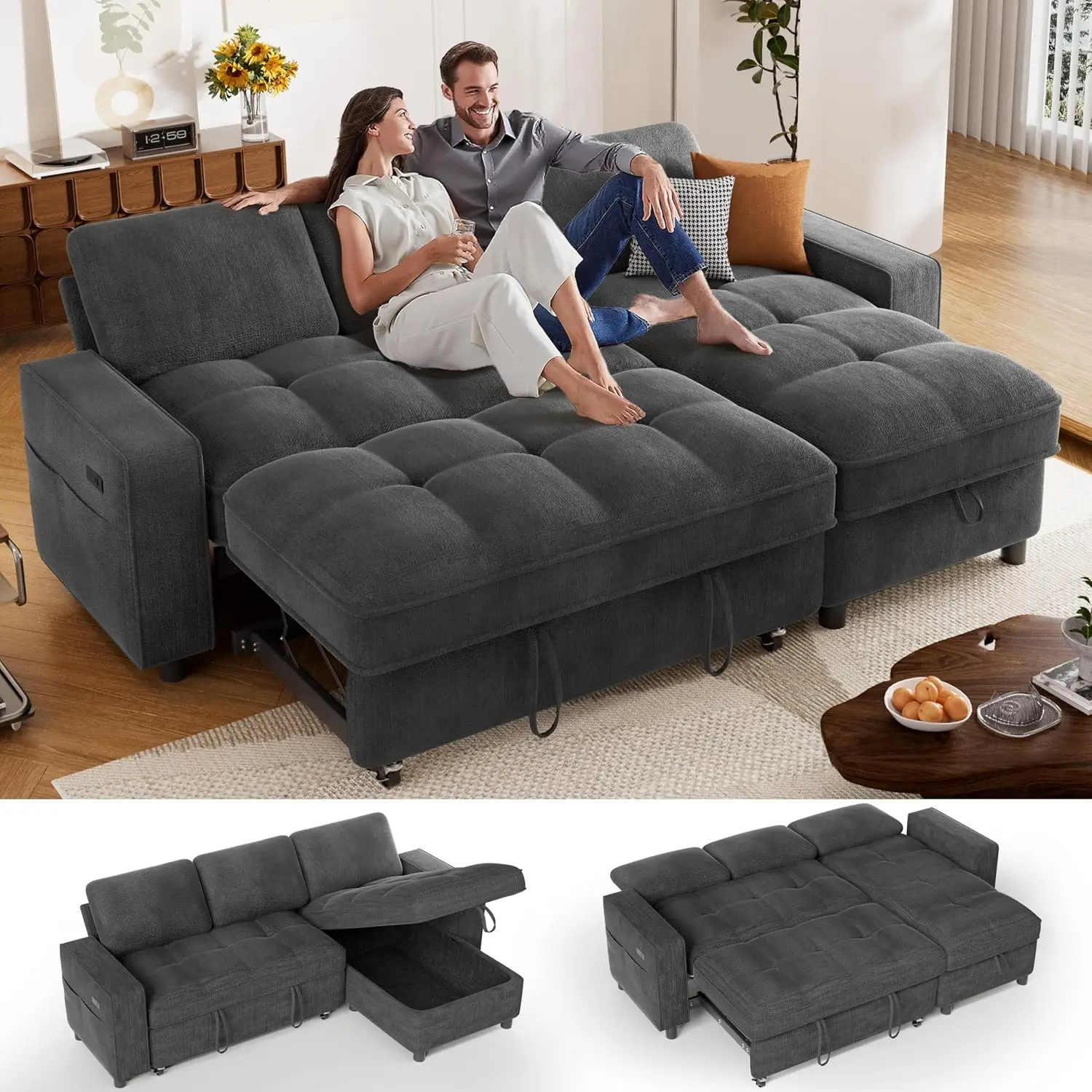 L Shaped Pull Out Sofa Bed, Reclining Backrest, Storage Chaise, USB Port, Side Pocket, Tool-Free, Chenille Grey, Customized