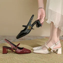 Square toe high-heeled shoes 2024 new summer magic buckle straight strap back empty single shoes thick heel toe sandals