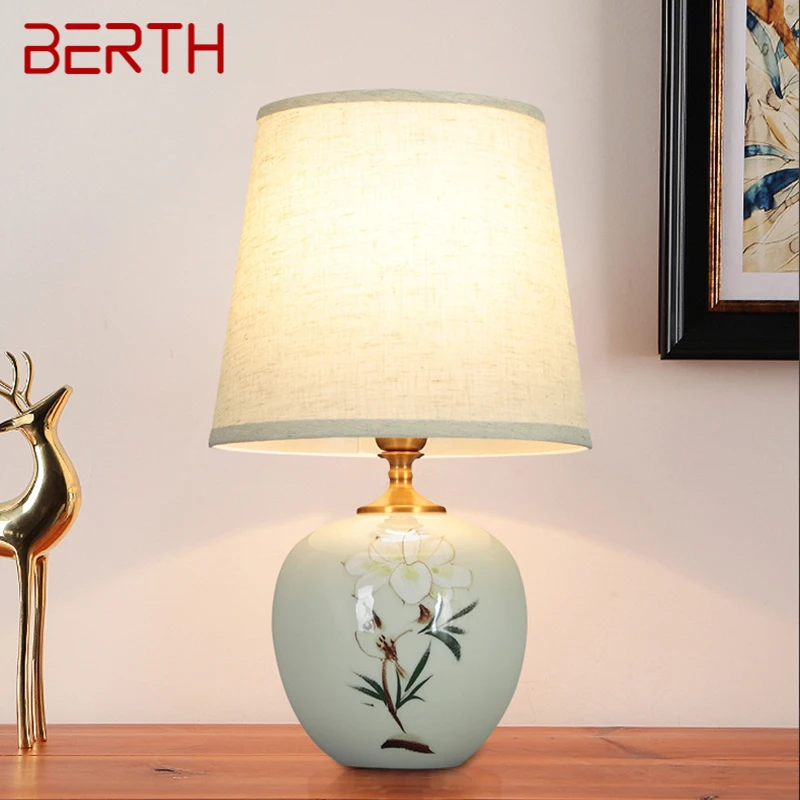 BERTH Ceramic Table Lamps Chinese for Bedside Modern White LED Dimming Desk Light For Home Living Bedroom Decor