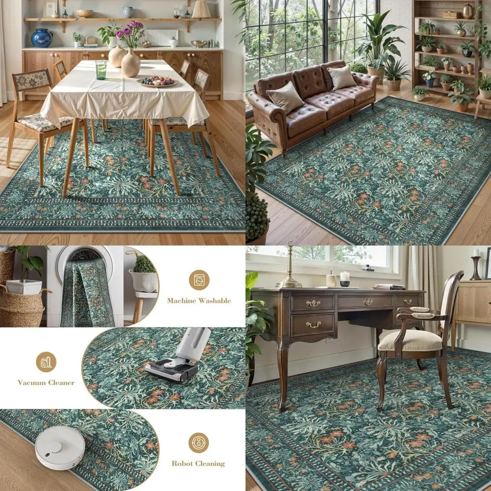

Large Boho Vintage Floral Area Rug, Washable & Stain Resistant, Non-Slip, Suitable for Living Room, Bedroom, Dining Room, Teal