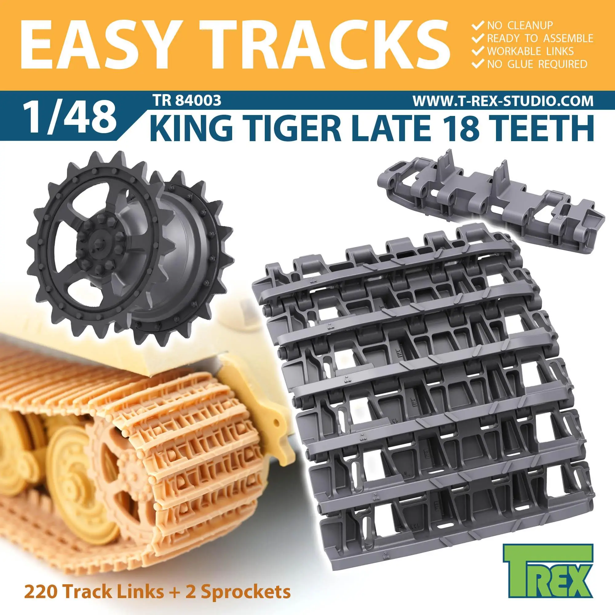 

TR84003 T-REX 1/48 scale King Tiger Late 18 Teeth Tracks w/Sprockets 3D