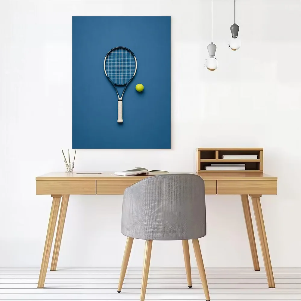 Tennis Racket and Ball on Blue - Minimalist Tennis Canvas Poster Wall Art Customizable High Quality Printed Picture for Painting