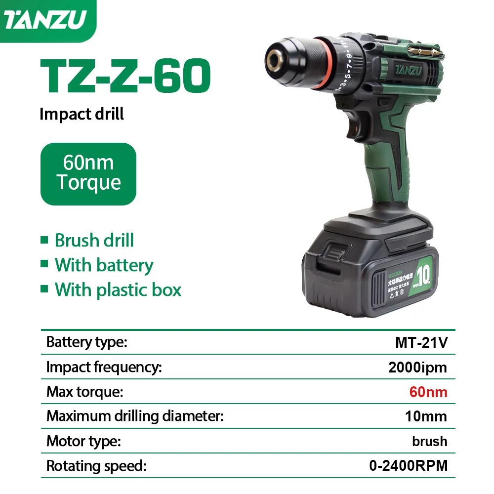 Tanzu-taladro eléctrico inalámbrico de 21V, destornillador de impacto con batería, juego de herramientas de mano para madera, hormigón y acero, 60Nm