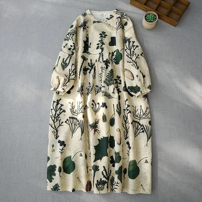 

Lady Work Dress 2023 O-Neck A-Line Mid-Calf Dresses Plant Print Vintage Linen Thin Loose Waist Three Quarter Women's Dress X7904