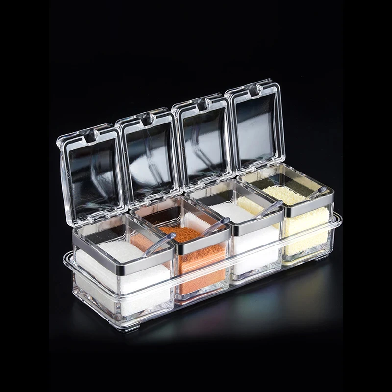 Kitchen Spice Pot 4 Transparent Seasoning Boxes, Storage Containers Seasoning Cans Acrylic Seasoning Boxes With Lids And Spoons