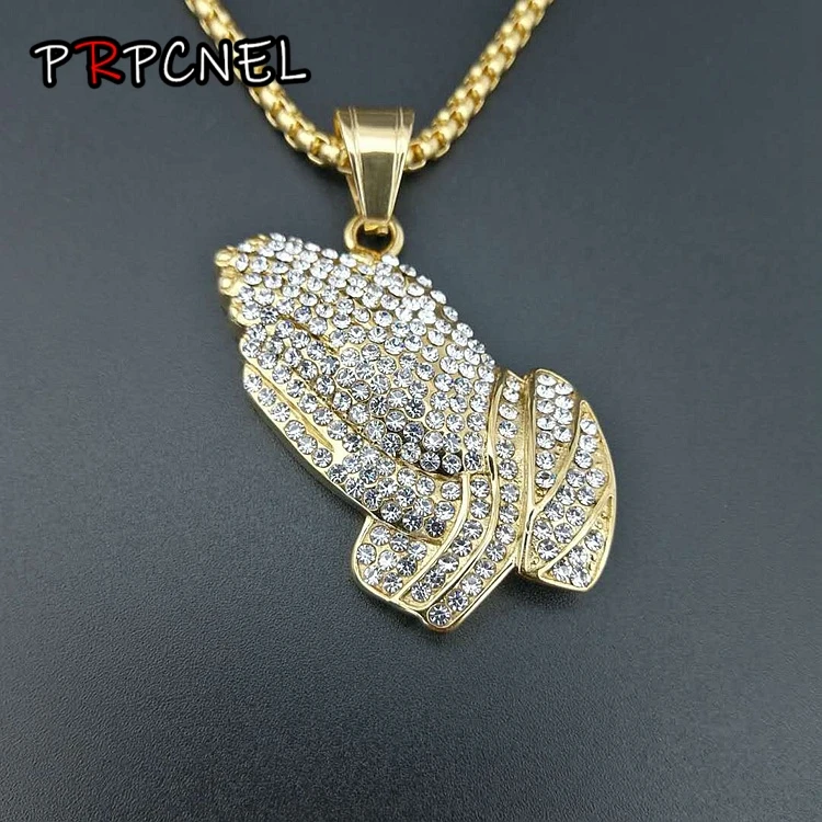 hip hop 316L Stainless Steel Men Gold color prayer hand pendant necklace full zircon with 60cm cuban link chain women jewelry
