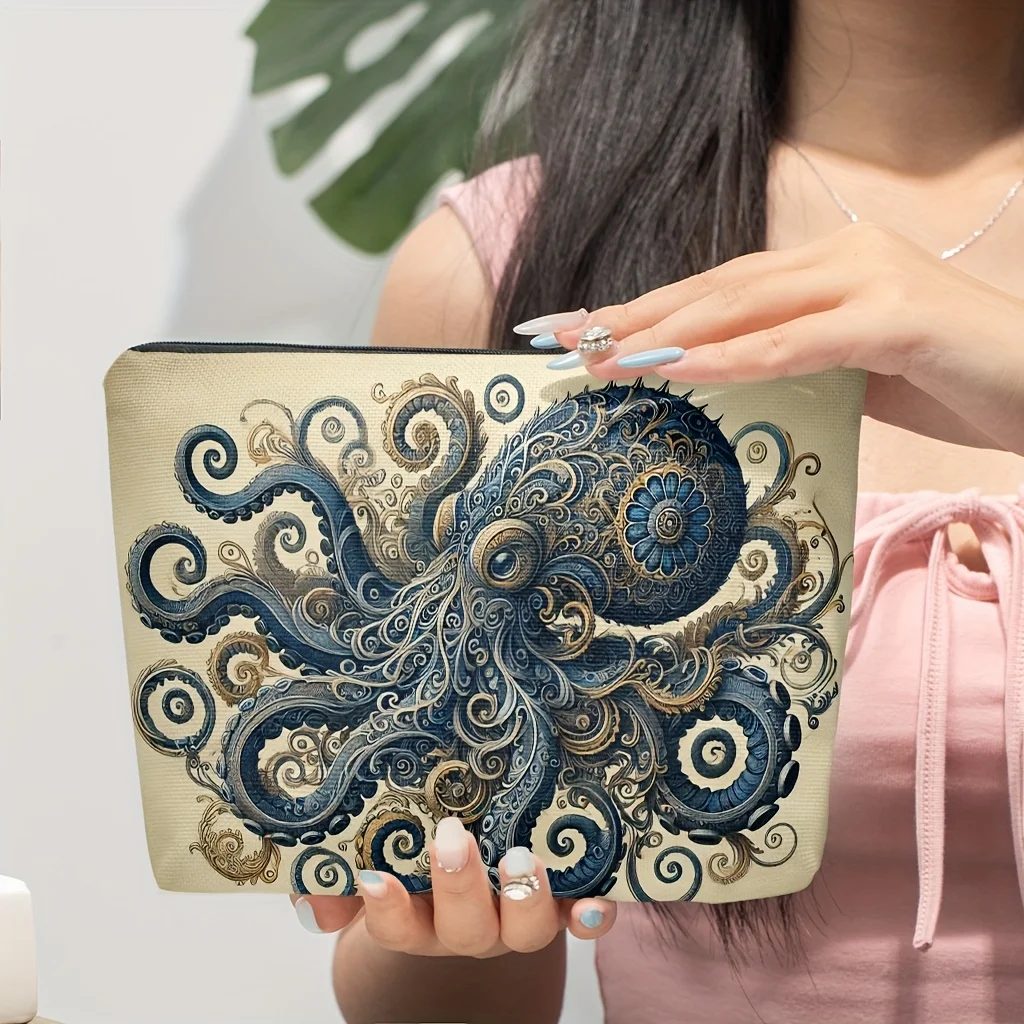 Cosmetic bag 1 piece, retro style sea octopus painting cosmetic bag, portable foldable, zipper closed, suitable for festivals, friendship, Christmas, birthdays, Valentine's Day, graduation gifts, travel storage for daily use, fashion toilet bag