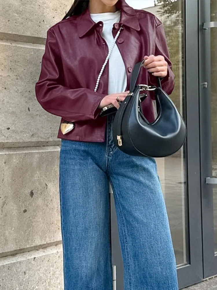 Retro Burgund Revers Leder Jacken Frauen Casual Einreiher Kurze Jacke Weiblichen Frühling Chic Moto Biker Straße Outwear ﻿