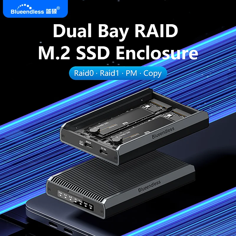 Boîtier SSD RAID M.2 SATA M.2 NVME Blueendless à 2 baies, aluminium, double baie, support de RAID NVMe, boîtier SSD, prend en charge un maximum de 16 To, mode RAID0/1/PM