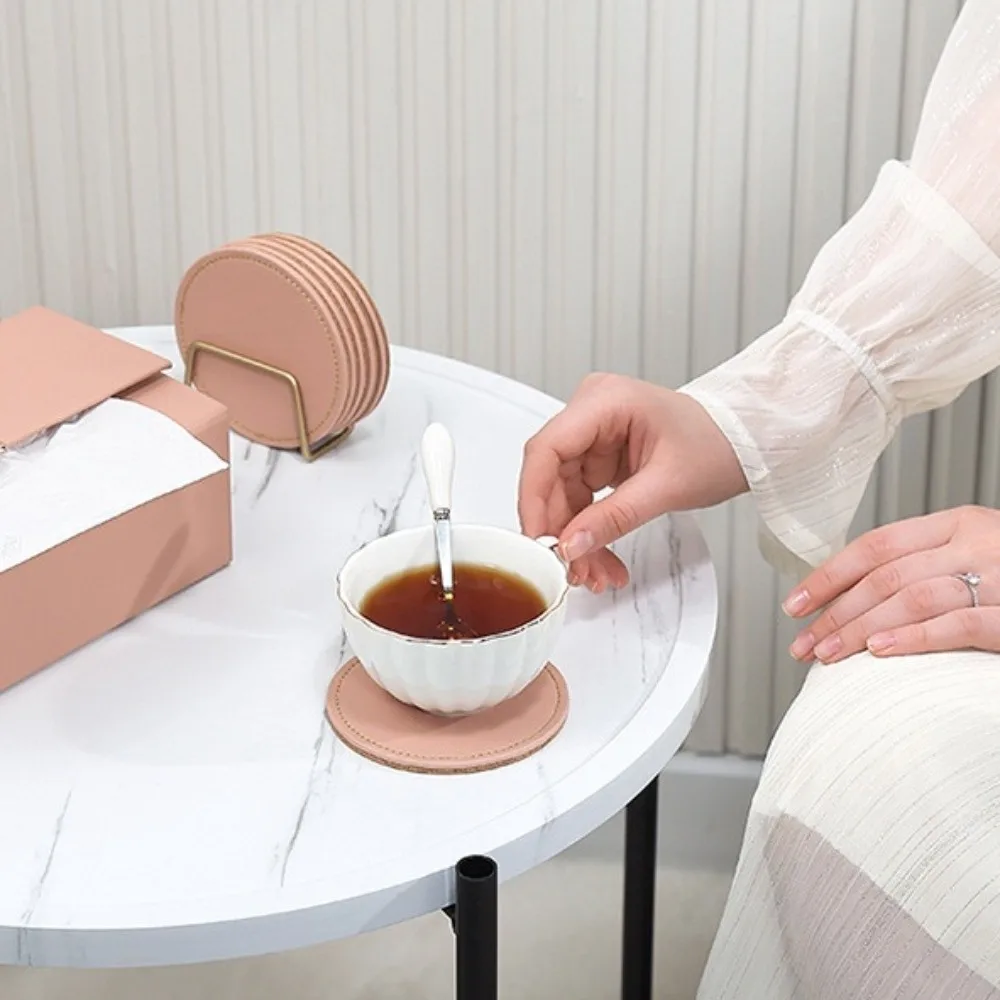

Waterproof PU Leather Cork Coaster Holder Set Tabletop Protection Drink Cup Mat Non Slip Spill-proof Coffee Mug Cushions Table
