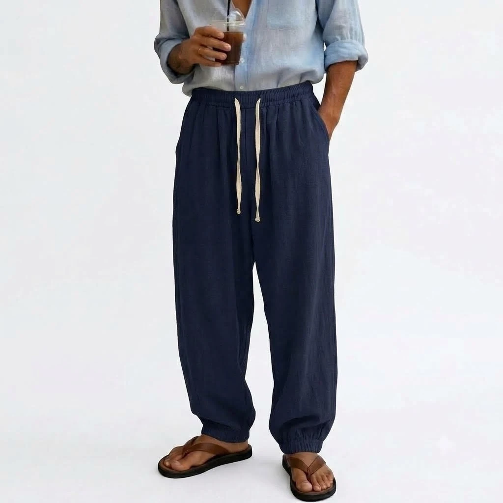 Herren Freizeithose aus Baumwolle, locker geschnitten, mit elastischem Kordelzug, leichte Jogginghose, Leinenhose, Sporthose, Arbeitshose – Detail 3
