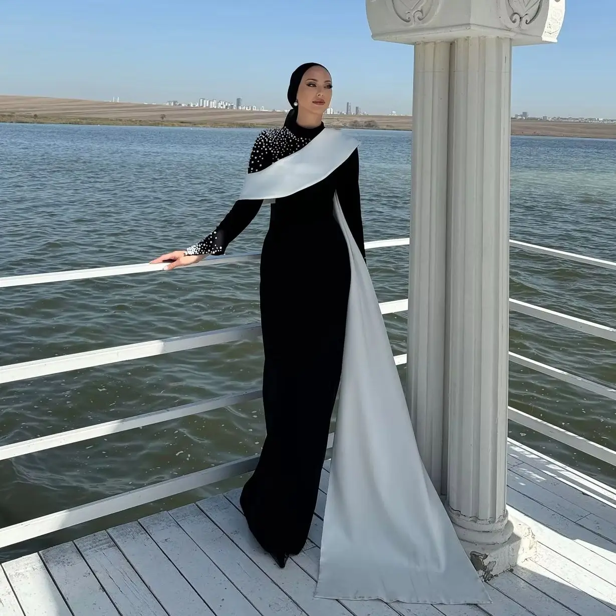 Aenyrst-女性のためのエレガントな黒のイスラム教徒のウエディングドレス,ハイカラー,ビーズのイブニングドレス,床の長さのカスタムドレス,特別な機会