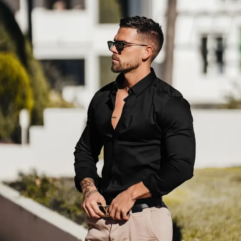 Men Clothing Lapel Sports Muscle Men's Shirt Fitness High Elasticity Long-sleeved Non-iron Slim Fashion Business Formal Shirt