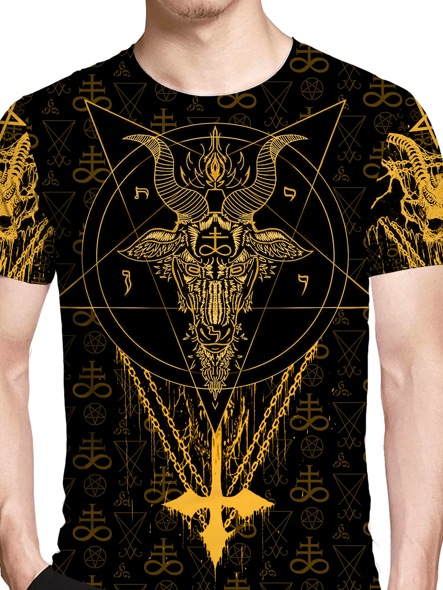 

Men's & Women's 3D Printed Geometric Abstract T-Shirt - Soft Polyester Bold Golden Occult Symbols Pentagrams, Skulls, Moons