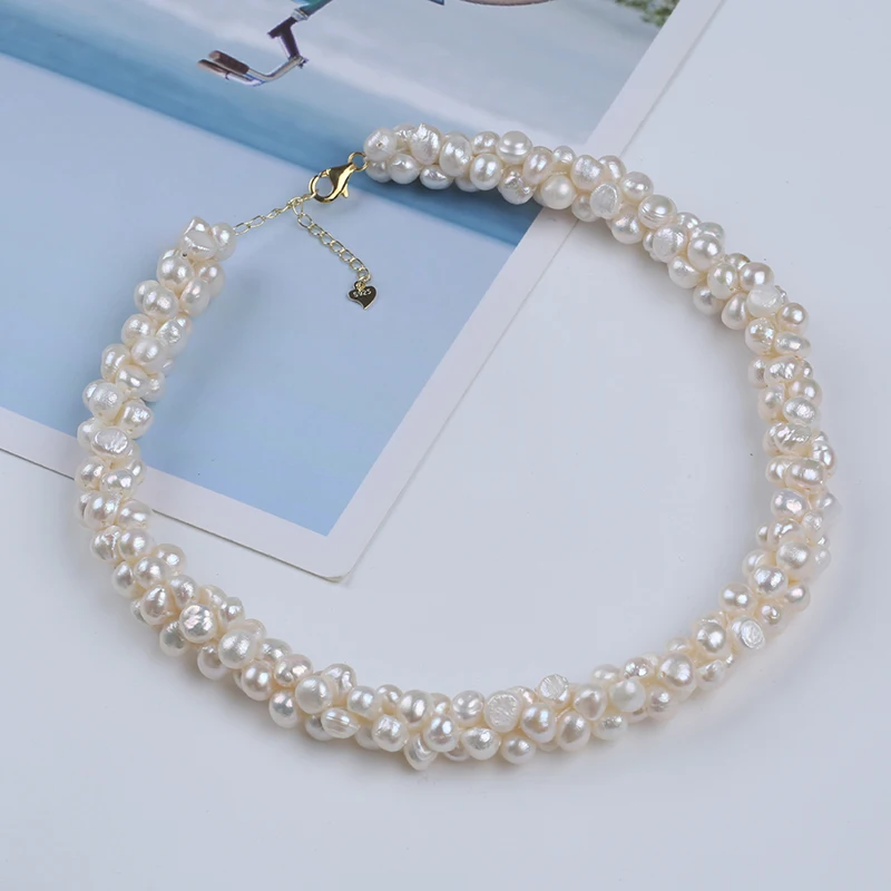 

6-8mm White Baroque Freshwater Pearl Twist Shape 40cm+5cm 925 Silver Gold-Plated Chain 13mm long Lobster Buckle Necklace