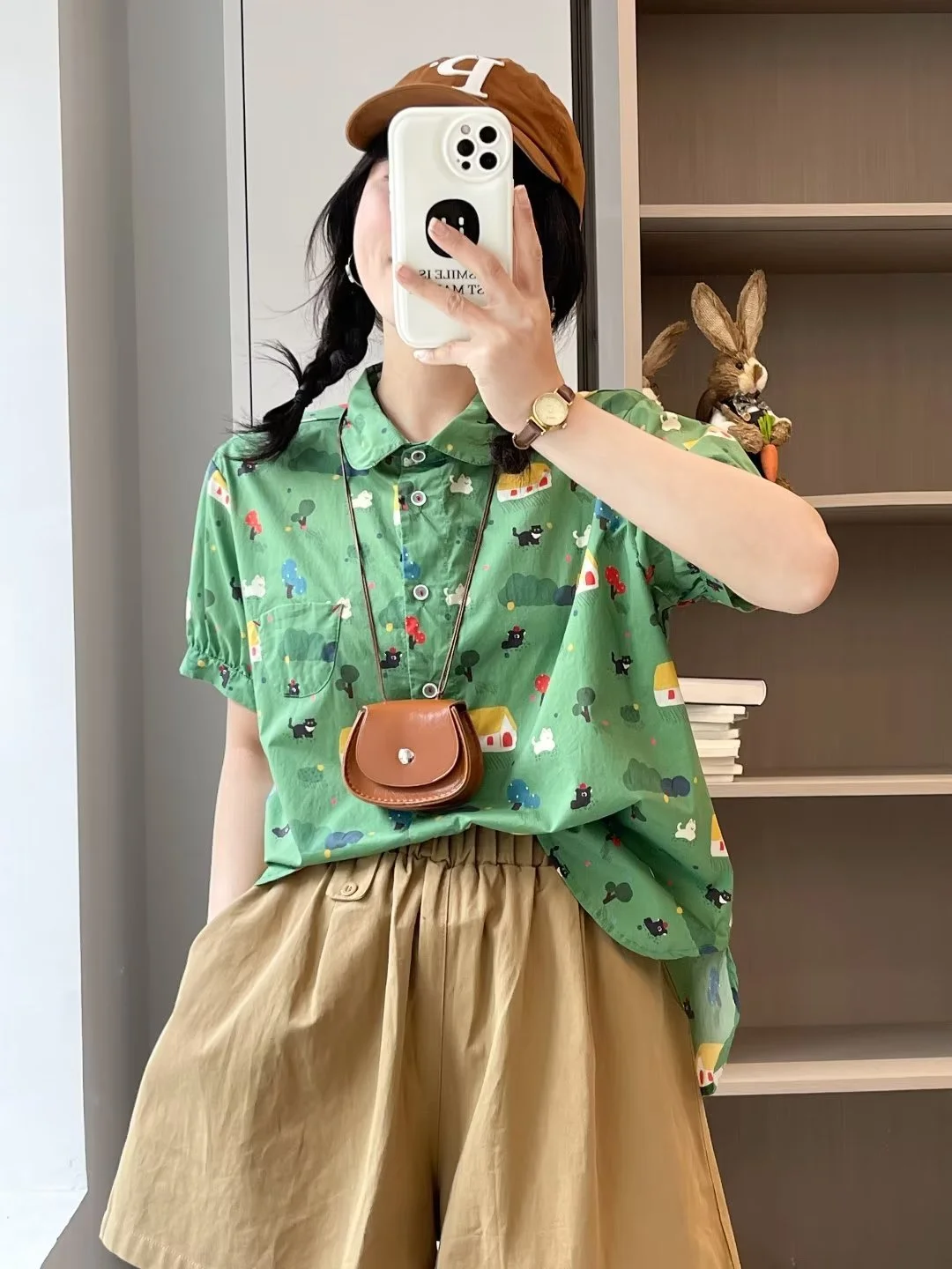 Cotton cartoon printed shirts and blouses for women harajuku fashion summer short sleeve shirts large size tops Hawaiian shirt